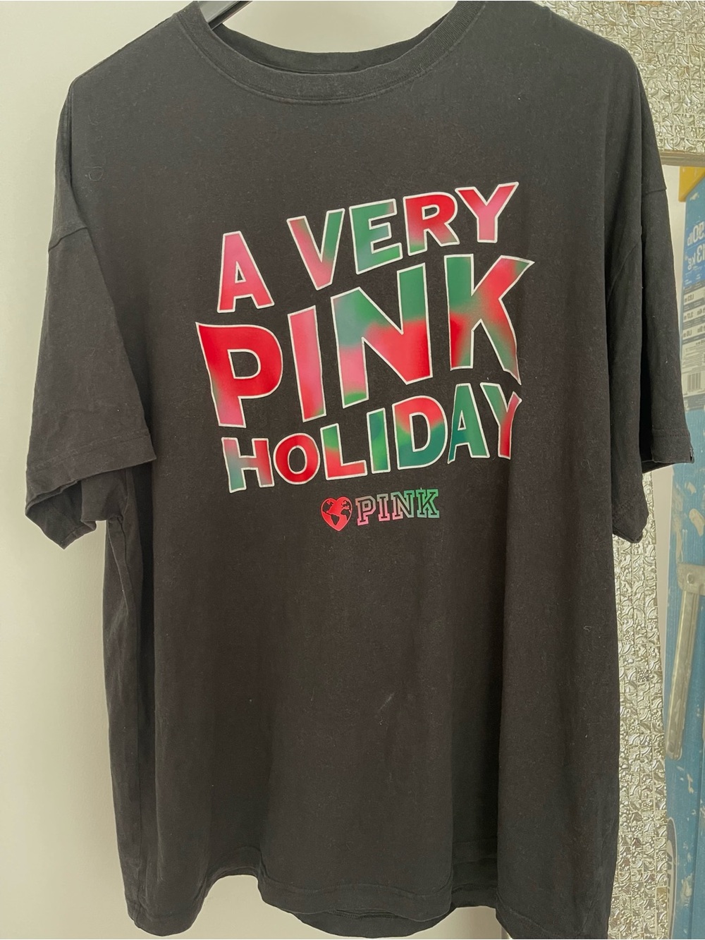 Victoria's Secret PINK Black Tee with Red & Green Holiday Print XL-L